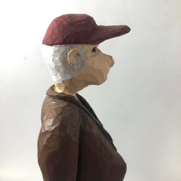 Hand carved Wood Folk Art Grandfather 7 Inches Overalls Coat Baseball Red Baseba - Picture 5 of 9